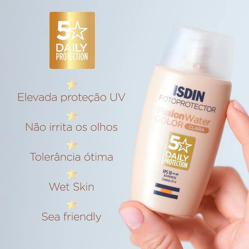 💎 Protetor Solar Facial ISDIN Fusion Water 5 Stars Color FPS 50 – Cor Clara