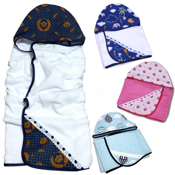 Toalha de Banho para Bebe Dupla Face Forrada com Fralda Recem Nascido Bebê Modelo Luxo Com Capuz 100% Algodão Varias Estampas Menino Menina
