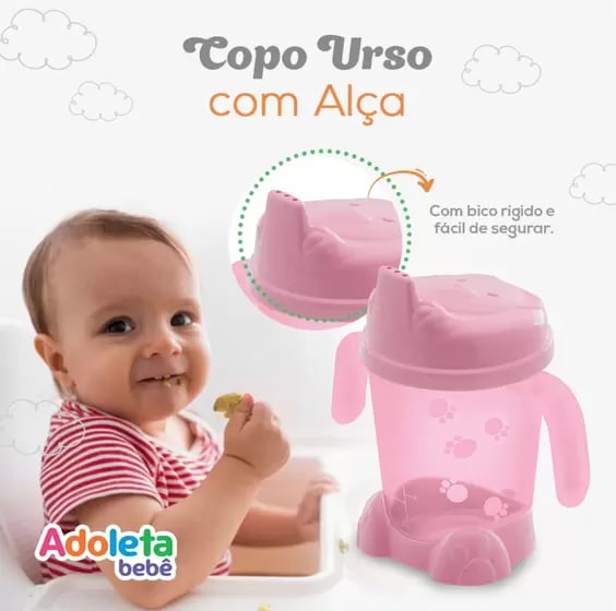 Porta Suco Urso c/Alça e com Pé Translúcido, Adoleta Bebê, Rosa 200 ml