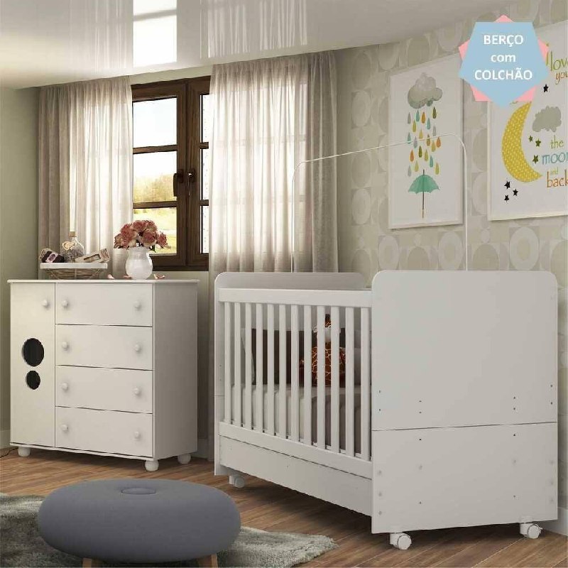 Quarto Infantil Berço com Colchão Incluso e Cômoda Pimpolho Multimóveis Branco*