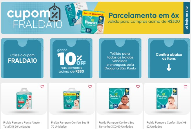 Só hoje! Fraldas com 10% off em compras acima de R$ 80