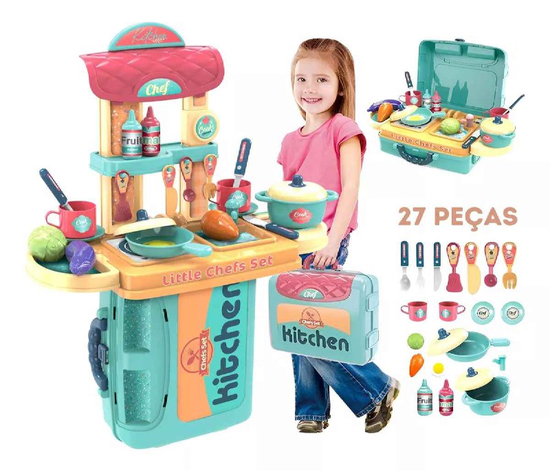 Brinquedo Cozinha Infantil 3 em 1 Kit Chef com Maleta/Bancada/Carrinho e Acessórios Polibrinq - MC1006M