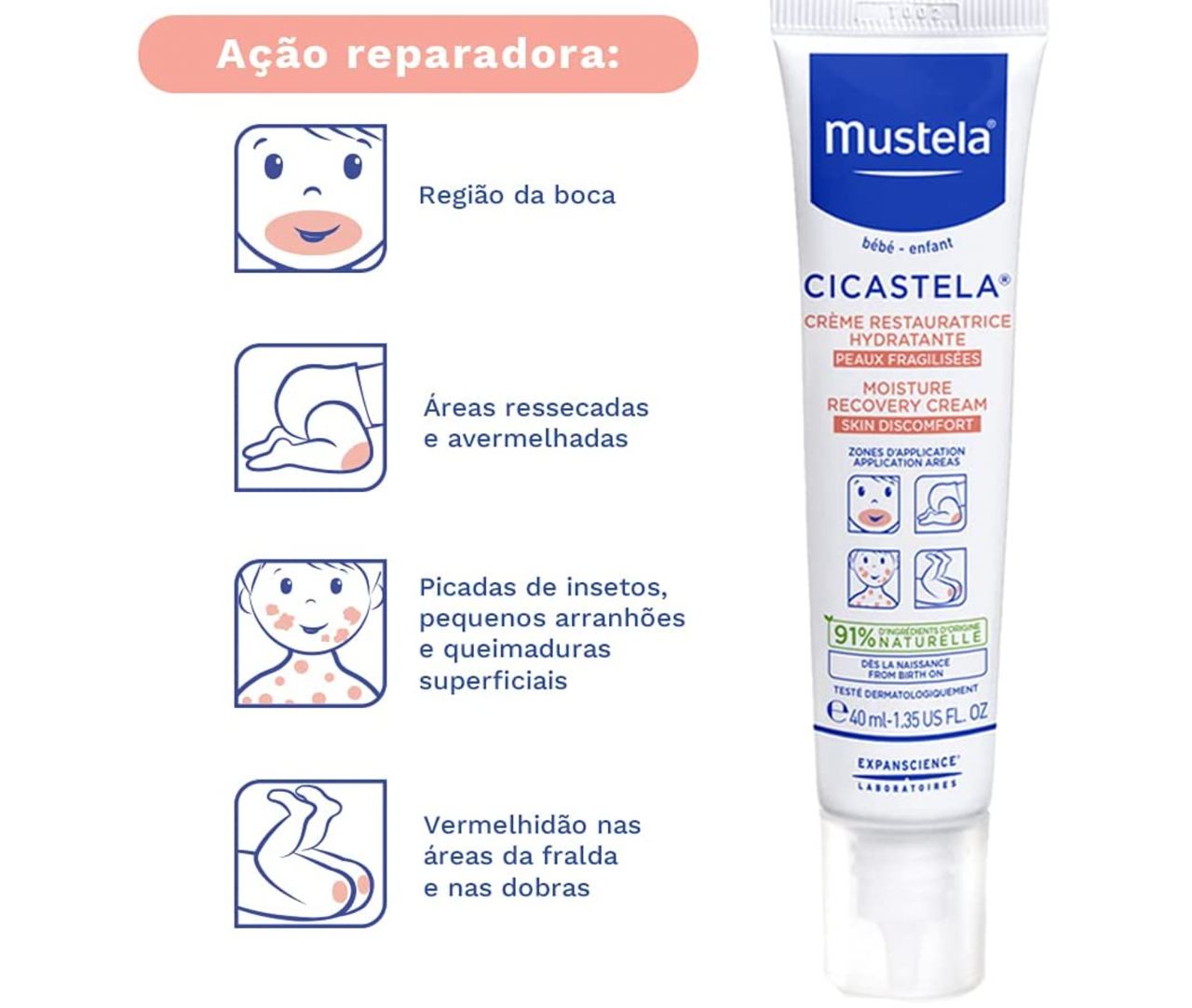 Cicastela Creme Reparador Hidratante Mustela, 40 ml