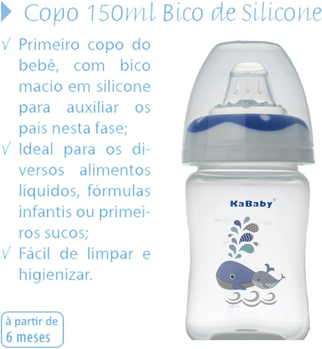 Copo 150ml Bico de Silicone Baleia Azul, Kababy, Azul
