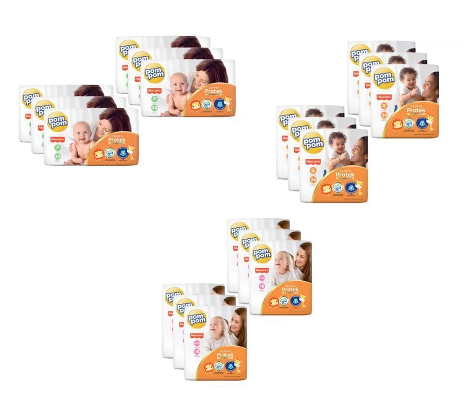 Kit Fralda Pom Pom Fisher-Price Derma Protek (6 Pacotes Cada)