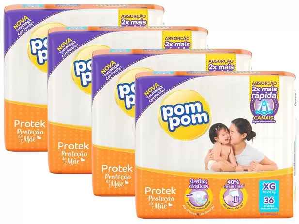 Kit Fraldas Pom Pom Protek Proteção de Mãe Tam. XG - 36 Unidades Cada 4 Pacotes