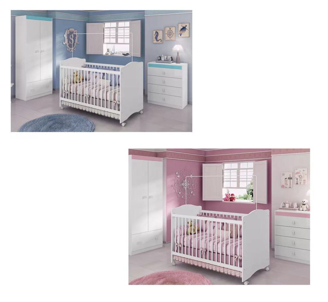 Quarto de Bebê Completo com Berço, Guarda-Roupa e Cômoda - Móveis Estrela Satriani