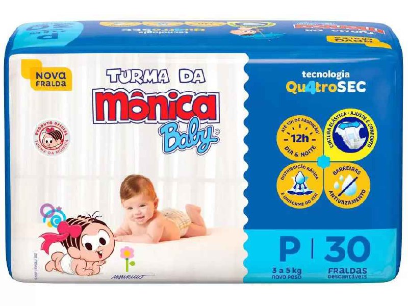 Fralda Turma da Mônica Baby Tam. P 3 a 5kg - 30 Unidades