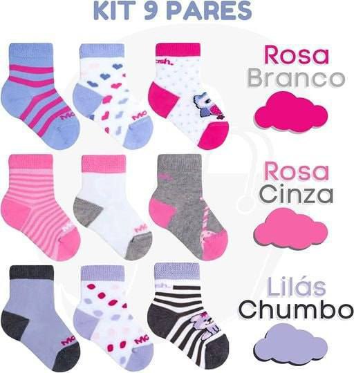 KIT 09 PARES MEIAS BEBÊ MASH RECÉM NASCIDO CANO MÉDIO