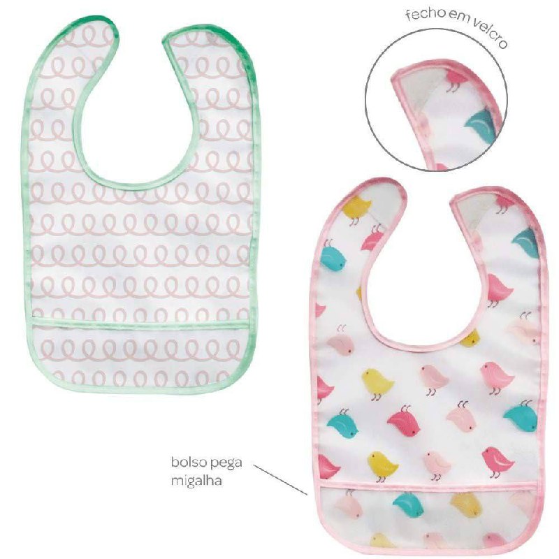 Kit 2 Babadores Com Bolso Passarinho, Buba, Colorido, pacote de 2