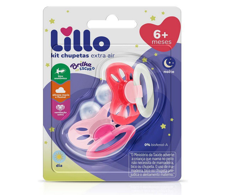 Kit de Chupeta Anatômica Extra Air Dia e Noite 6+ Meses Lillo - Rosa