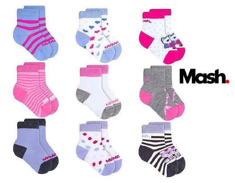 Kit 09 Pares Meias Infantil Mash Bebê Recém Nascido Criança Cano Médio