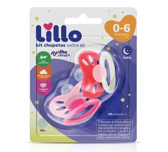 Kit com 2 - Chupeta Anatômica Extra Air Dia e Noite 0 a 6 Meses Lillo - Rosa
