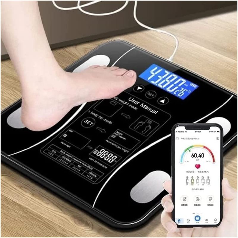 Pesa / Calcula %  gordura e água / metabolismo / massa óssea e massa muscular.