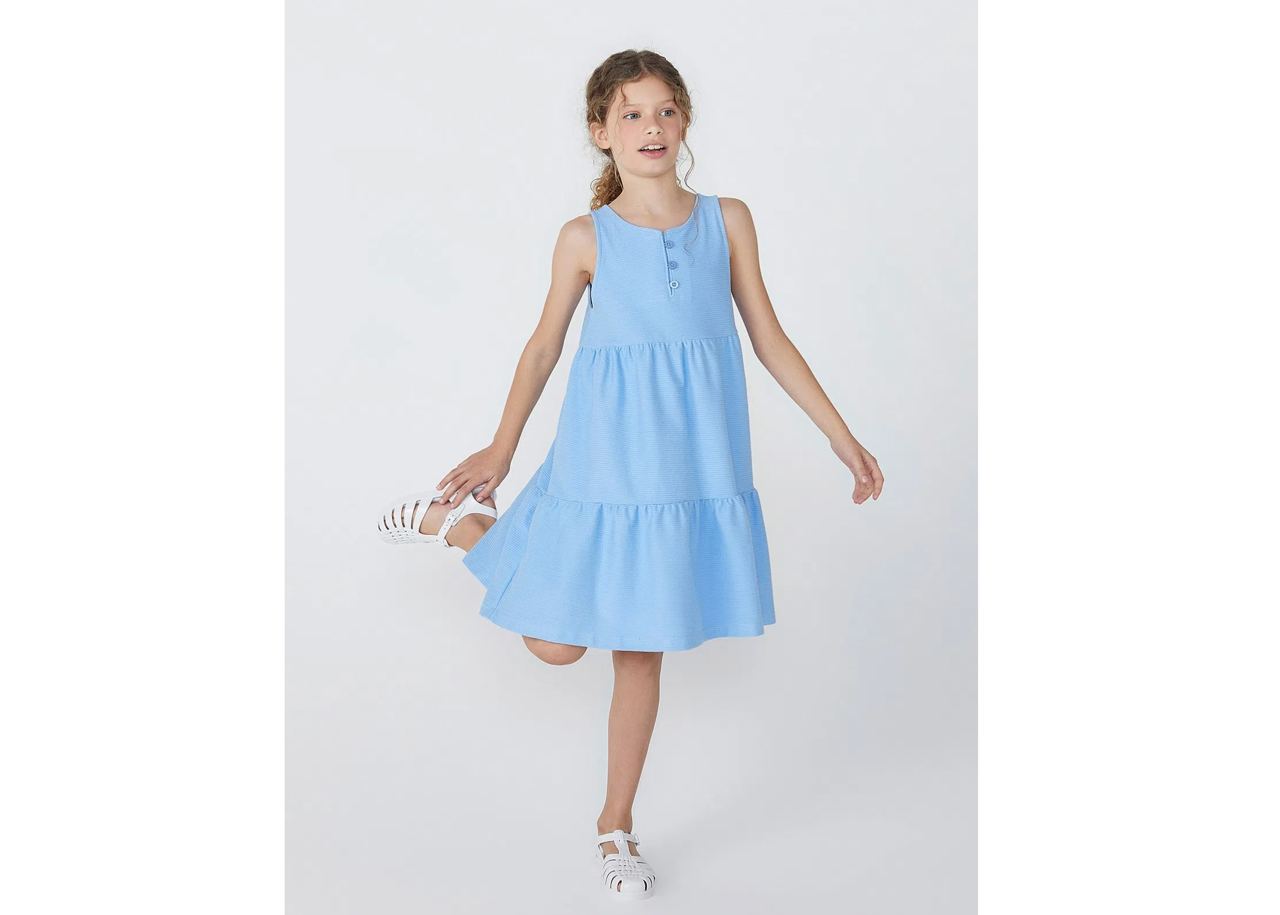 Vestido Hering Básico Infantil Midi Em Algodão Azul - Tam 6 e 8