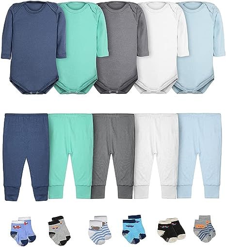 Body Bebê Calça Mijão e Meias Kit 16 Peças Manga Longa Masculino