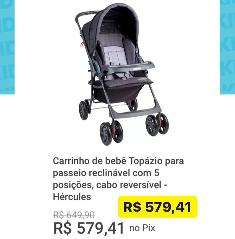 Carrinho de bebê topázio para passeio reclinável com 5 posições, cabo reversível