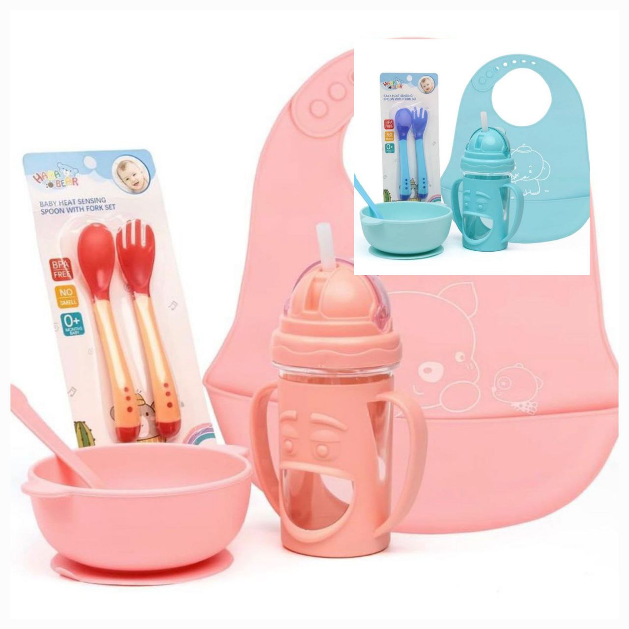 Conjunto Introdução Alimentar com Tigela de Silicone Com Ventosa + Babador de Silicone Pega Migalhas + Copo Antivazamento + Kit Antiaderente Impermeável Infantil