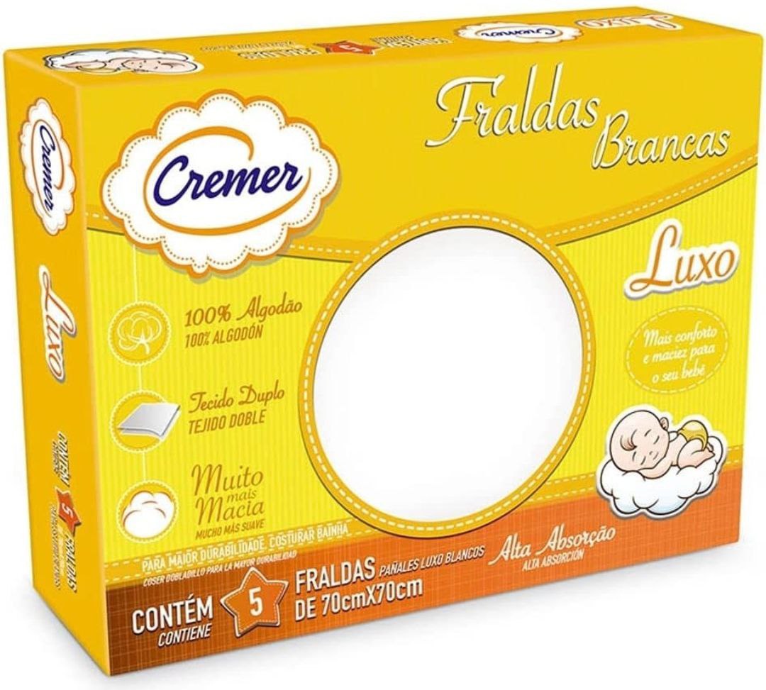 Fralda Luxo Branca 70 x 70 cm PC com 5 Unidades, Cremer (Embalagem pode variar)