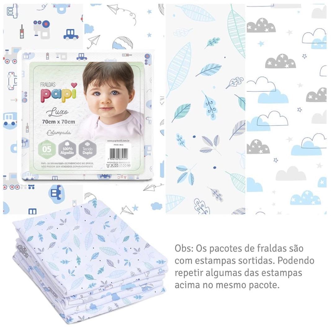 Fralda Papi Luxo Estampado 70cm X 70cm com 5 unidades