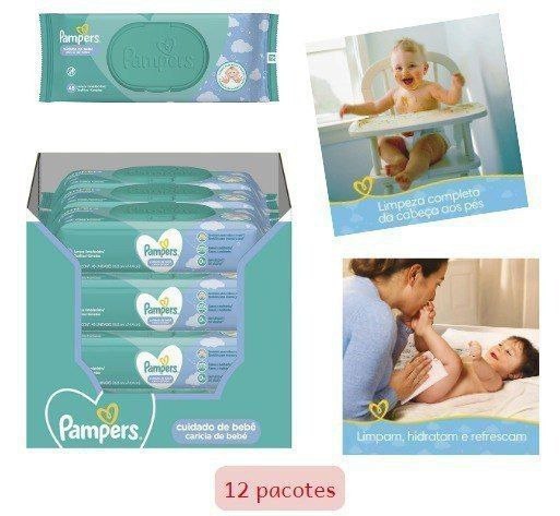 Kit Lenço Umedecido para Limpeza Pampers - Cuidado de Bebê 12 Pacotes