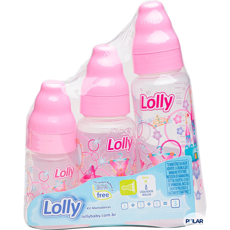 KIT Mamadeira,3 uni  240ml, 150ml, 80ml ROSA, Lolly