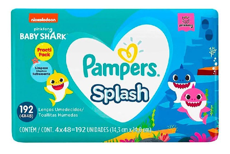 Lenços Umedecidos Pampers Splashers Baby Shark 192 Unidades - 4 pacotinhos