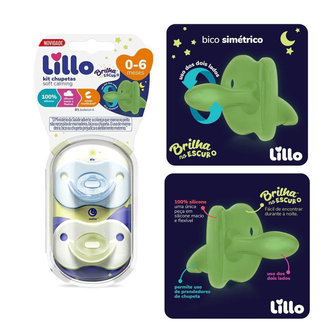 Tamanho 1 (0-6 meses)Kit de Chupeta 100% Silicone Calming Brilha no Escuro Bico Simétrico 0 a 6 meses Lillo - Azul