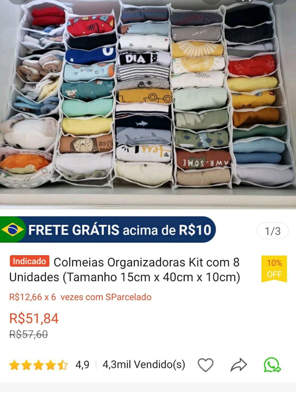 Colmeias Organizadoras Kit com 8 Unidades (Tamanho 15cm x 40cm x 10cm)