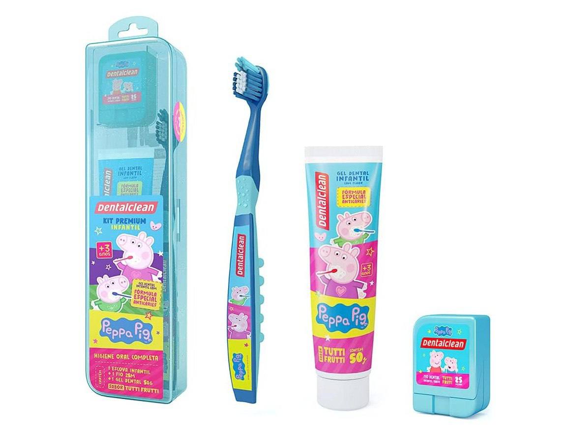 Creme Dental + Escova de Dente Ultramacia + Fio Dental + Estojo Para Viagem Peppa Pig e George, Dentalclean