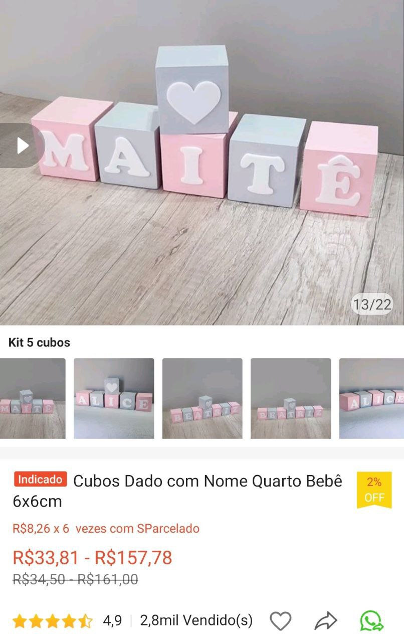 Cubos Dado com Nome Quarto Bebê 6x6cm