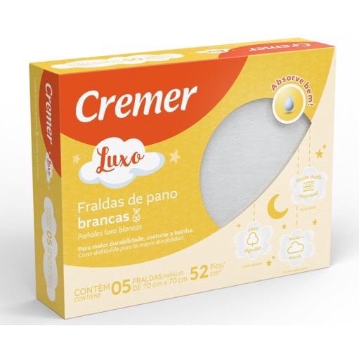 Fralda De Pano Cremer Luxo Branca 70cm X 70cm com 5 unidades