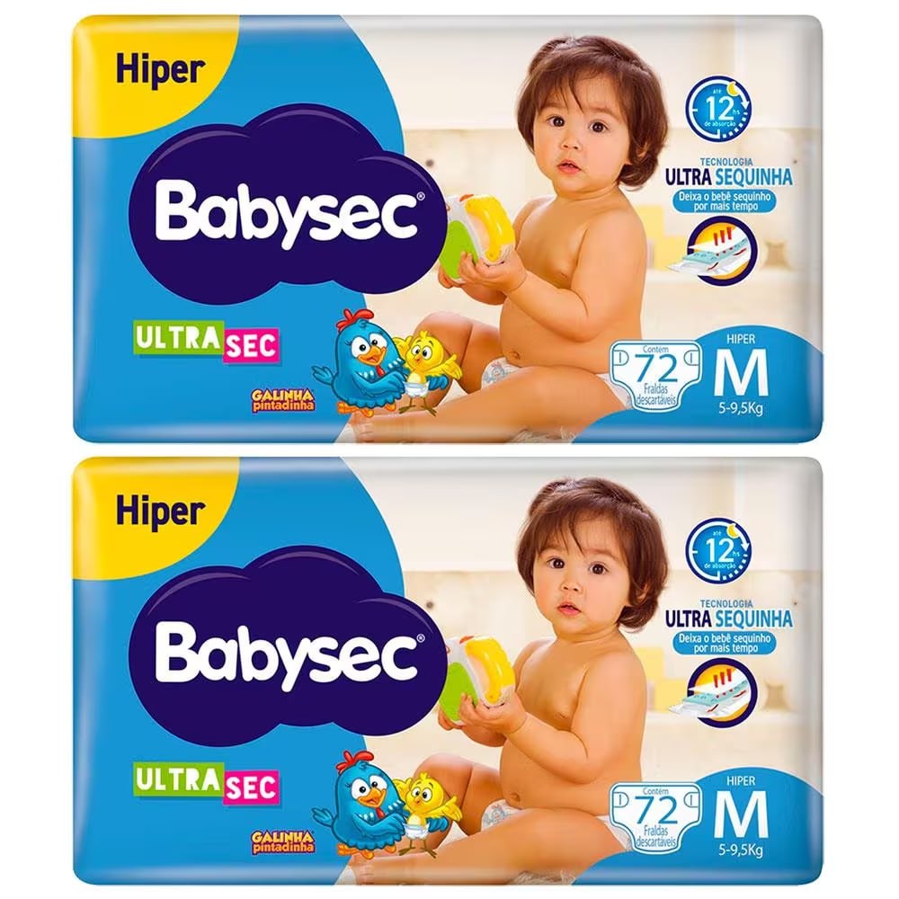 Kit 2 Pcts de Fralda Babysec UltraSec Galinha Pintadinha M - 144 Unidades