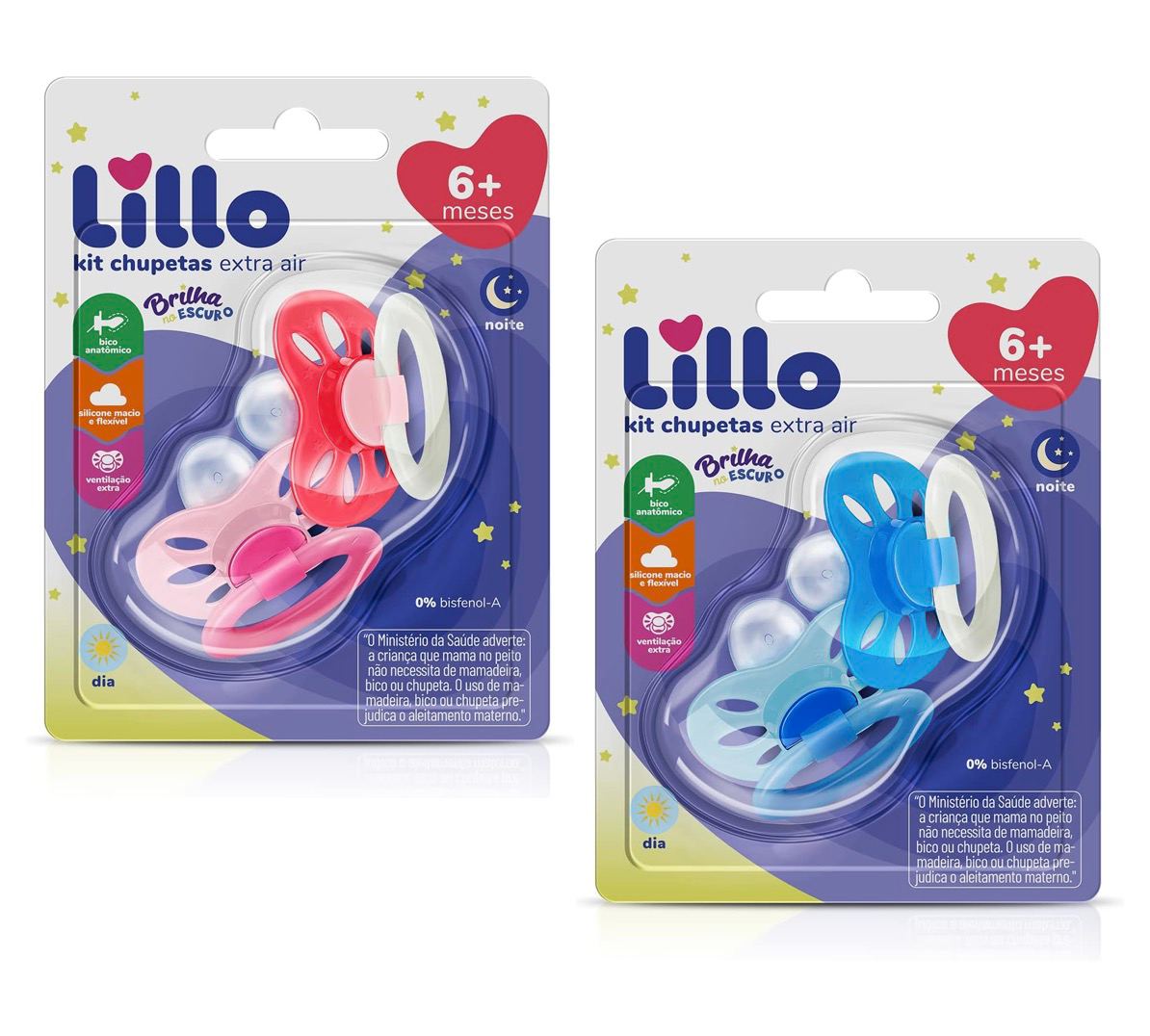 Kit de Chupeta Anatômica Extra Air Dia e Noite Lillo