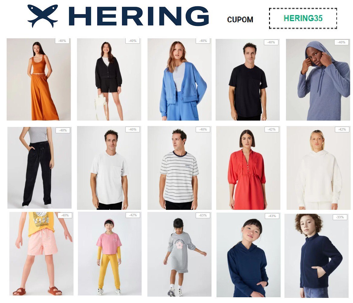 Todas as opções com 35% off em Hering, Infantil, Feminino e Masculino
