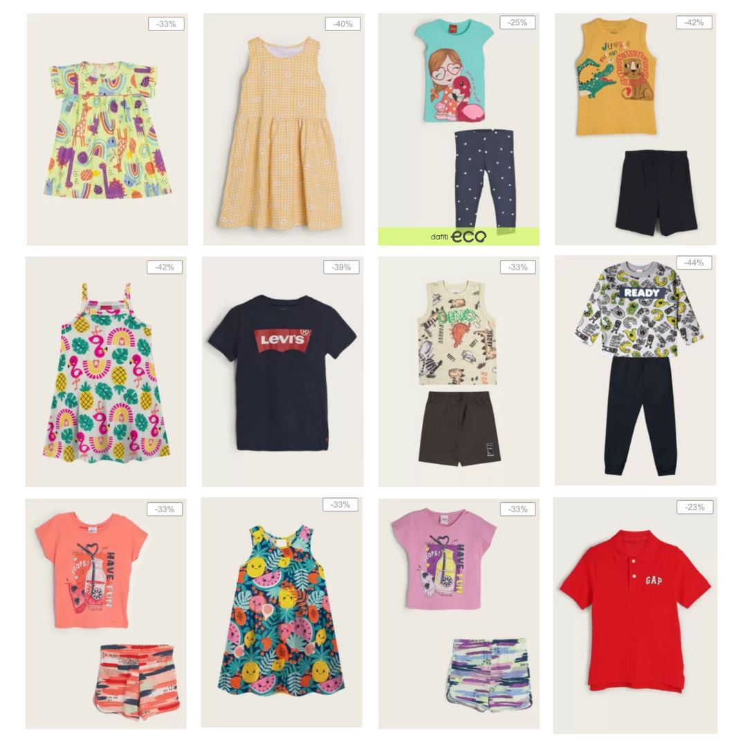 Até 70% em roupinhas Levis, Kyly, Elian, Brandili, Hering e etc.