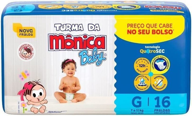 Fralda Turma da Monica Baby Jumbinho G 16 Unidades, Turma da Mônica Baby, Azul, G