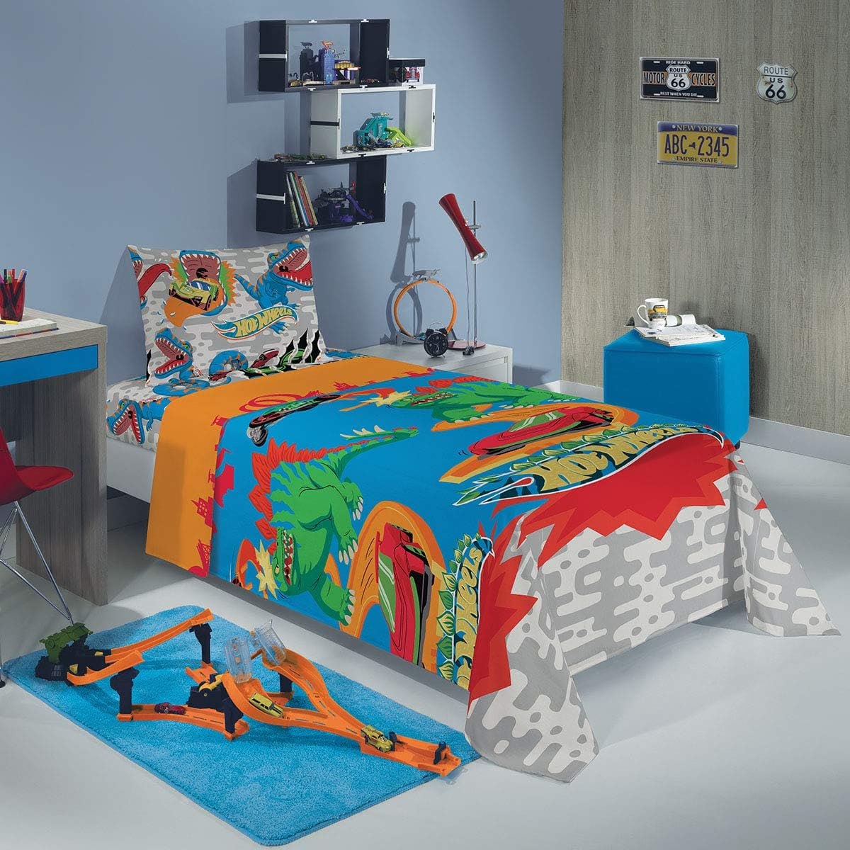 Jogo de Cama Microfibra de Poliéster Solteiro Estampado Hot Wheels 1,40 m x 2,20 m Com 2 peças