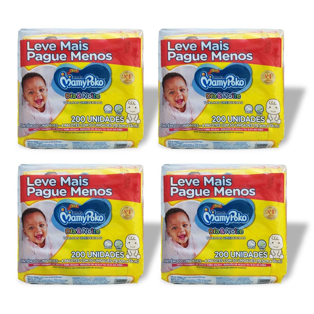 Kit 04 Lenço Umedecido MamyPoko Dia&Noite Toque Suave - 800 Unidades