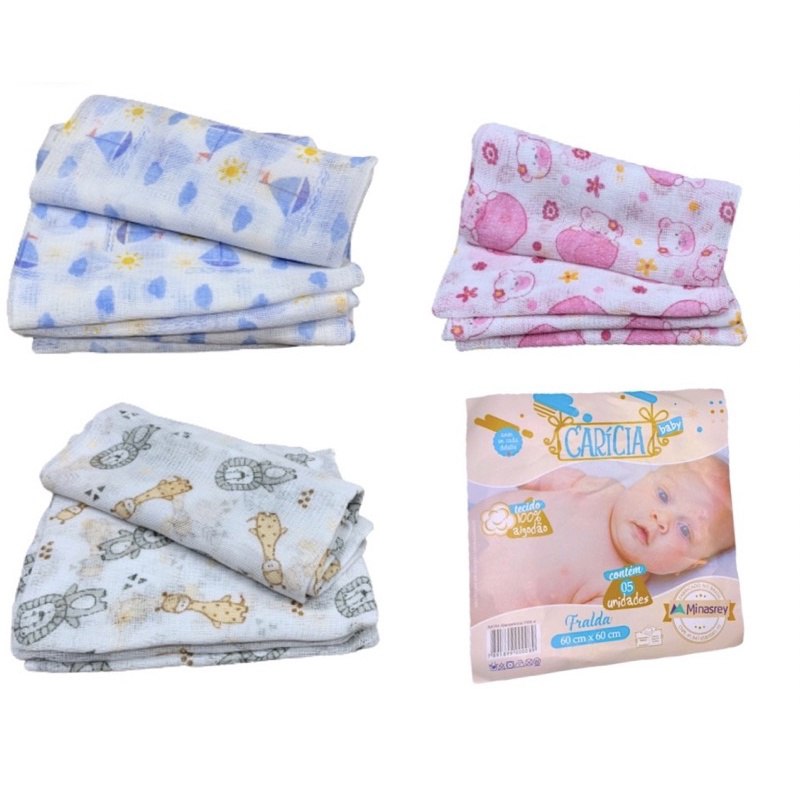 Kit 5 Fraldas Minasrey Carícia Menino, menina ou neutro - 100% Algodã - Enxoval