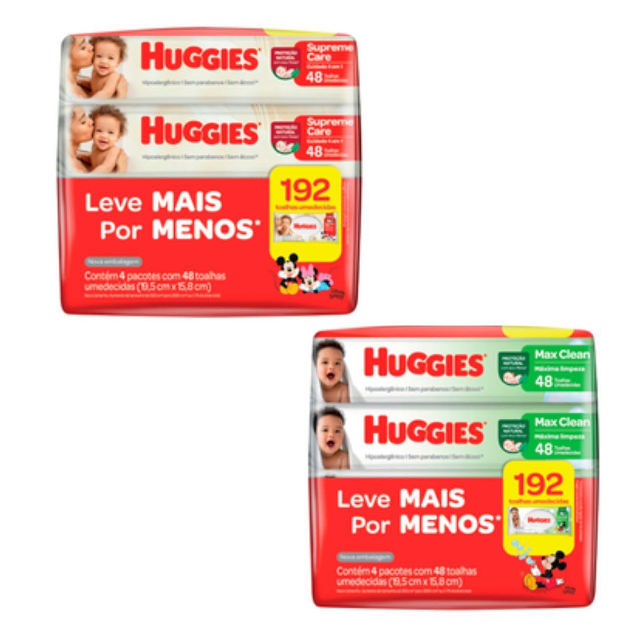 Lenços Umedecidos Huggies (Supreme Care ou Max Clean) Pack c/ 4 Pcts de 48 Unidades Cada