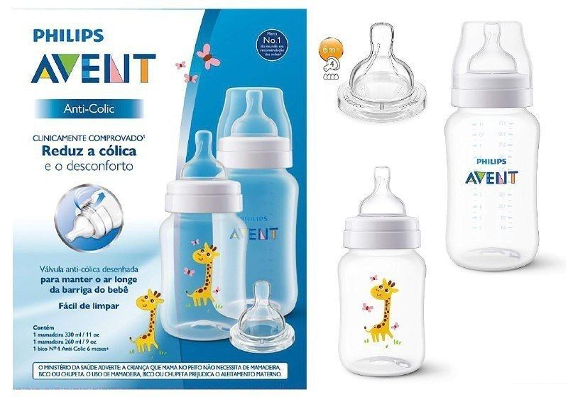 Mamadeira Anti-Colic Girafa Combo, Philips Avent, Transparente (2 mamadeira + 1 bico)