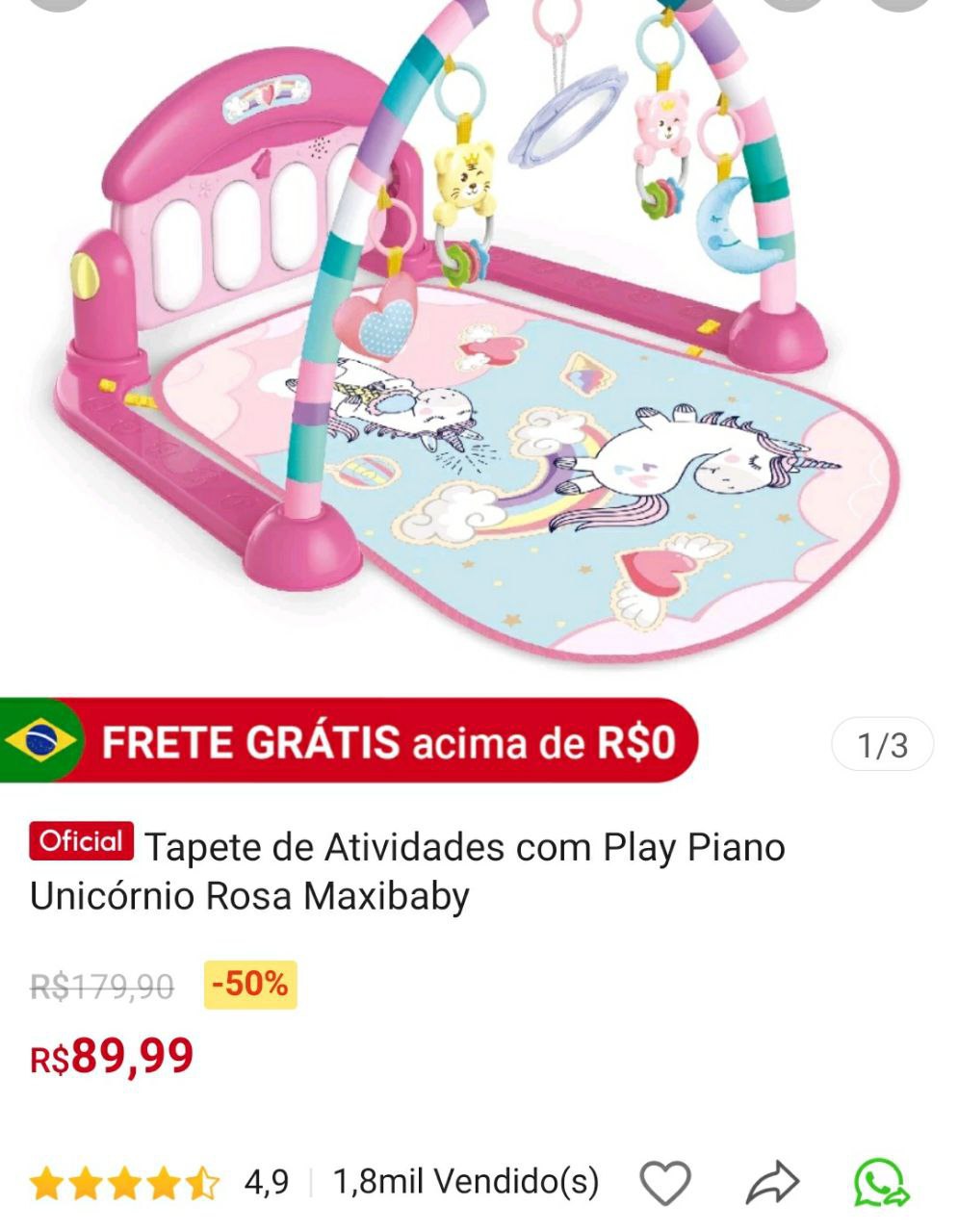 Tapete de Atividades com Play Piano Unicórnio Rosa Maxibaby