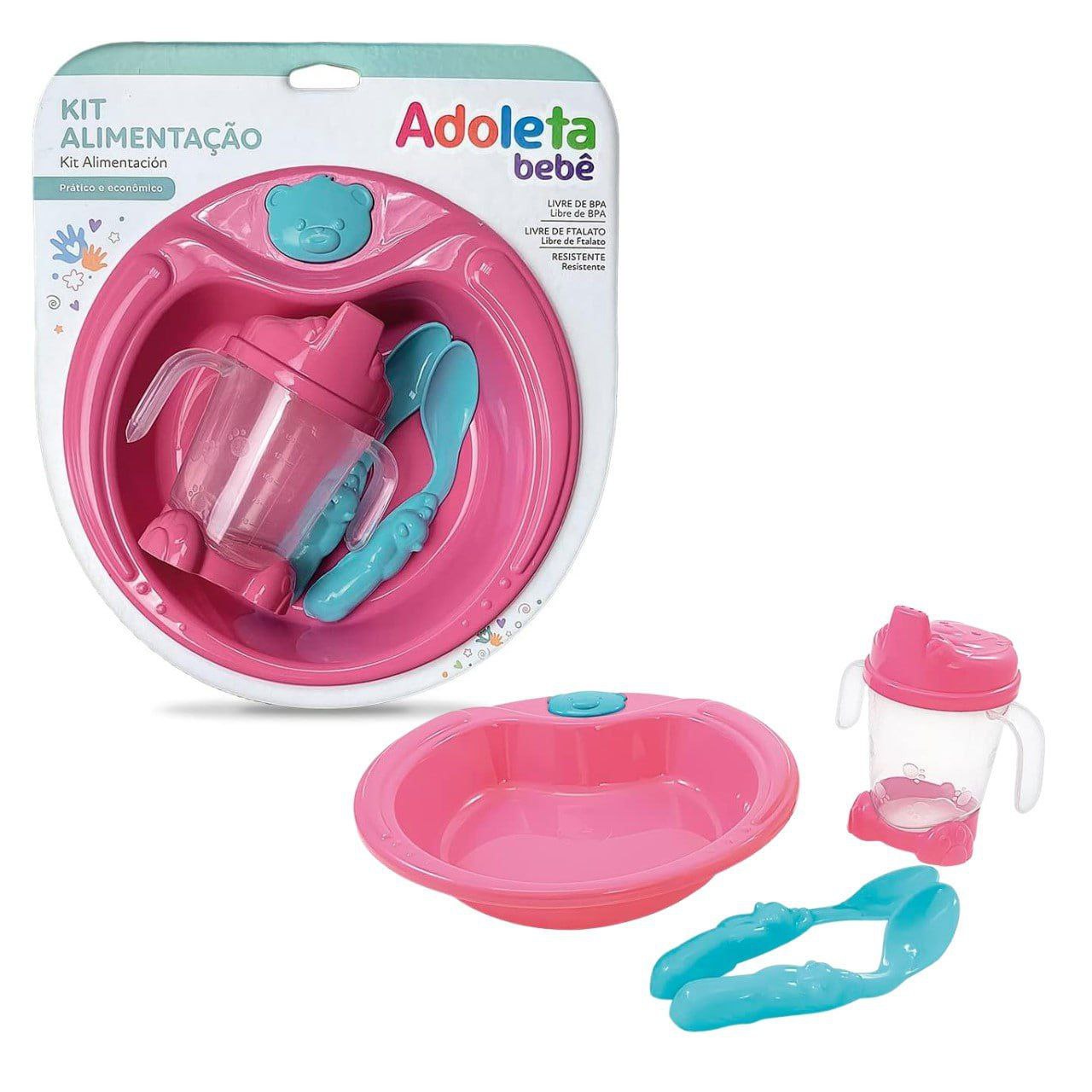 Adoleta Bebê, Kit Alimentação Colorê 1 Prato, 2 colheres e 1 Porta Suco, Rosa Pop