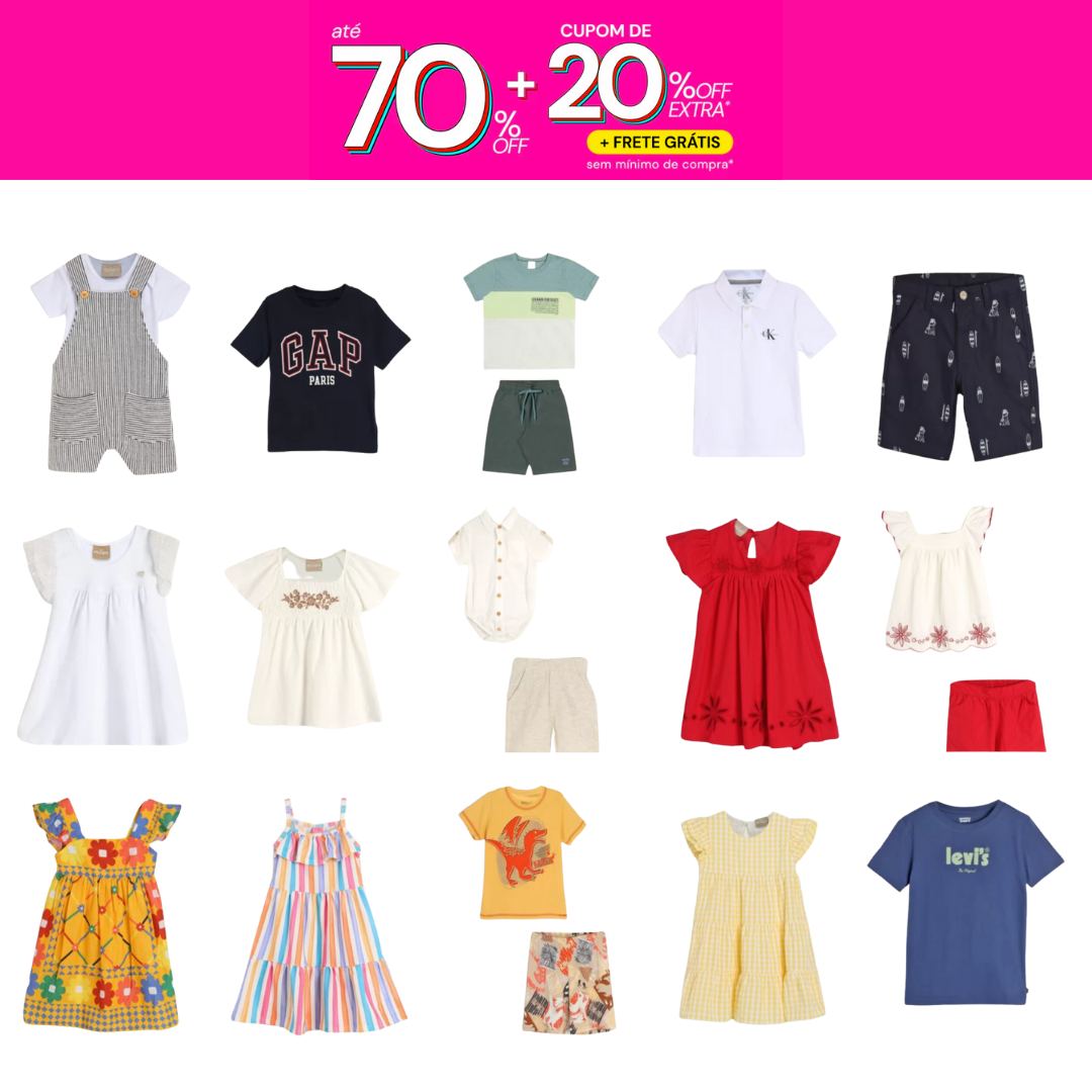 Até 70% off + 20% off extra + Frete grátis