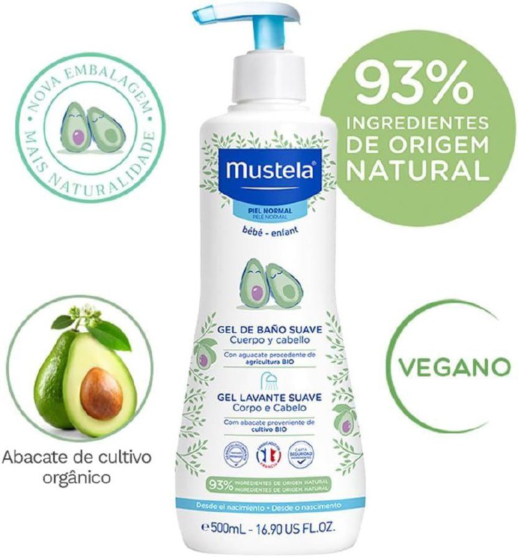 Gel Lavante Suave com Abacate Orgânico, Sabonete Líquido Corpo e Cabelo para bebês, Mustela Bebê 500ml