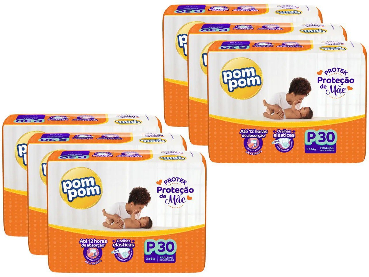 Kit com 6 Pacotes de Fraldas Pom Pom Derma Protek - 30 Unidades Cada - 180 unidades no total