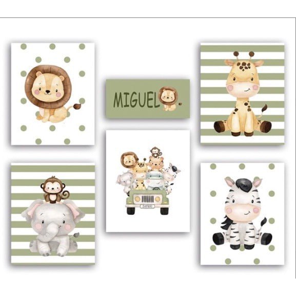 Quadros decorativos safari 6 peças com o nome do seu filho(a) para seu enxoval