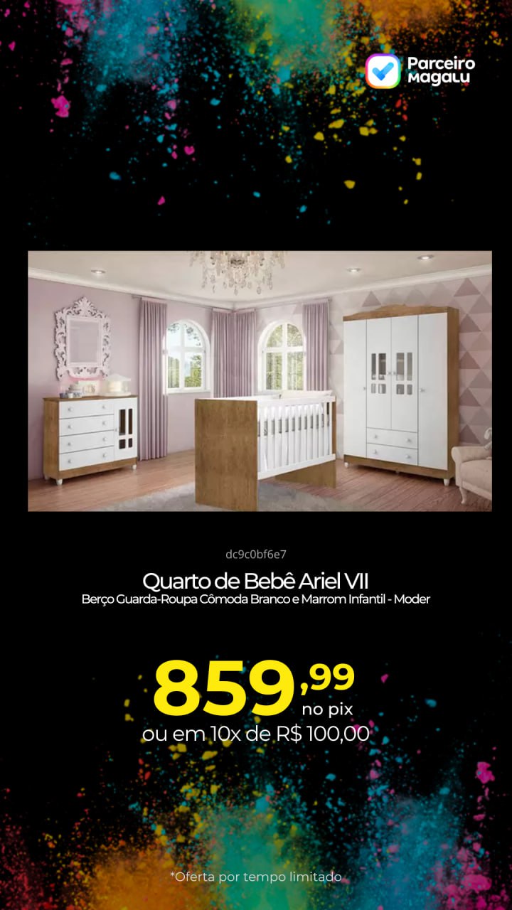 Quarto de Bebê Ariel VII Berço Guarda-Roupa Cômoda Branco e Marrom Infantil - Modern