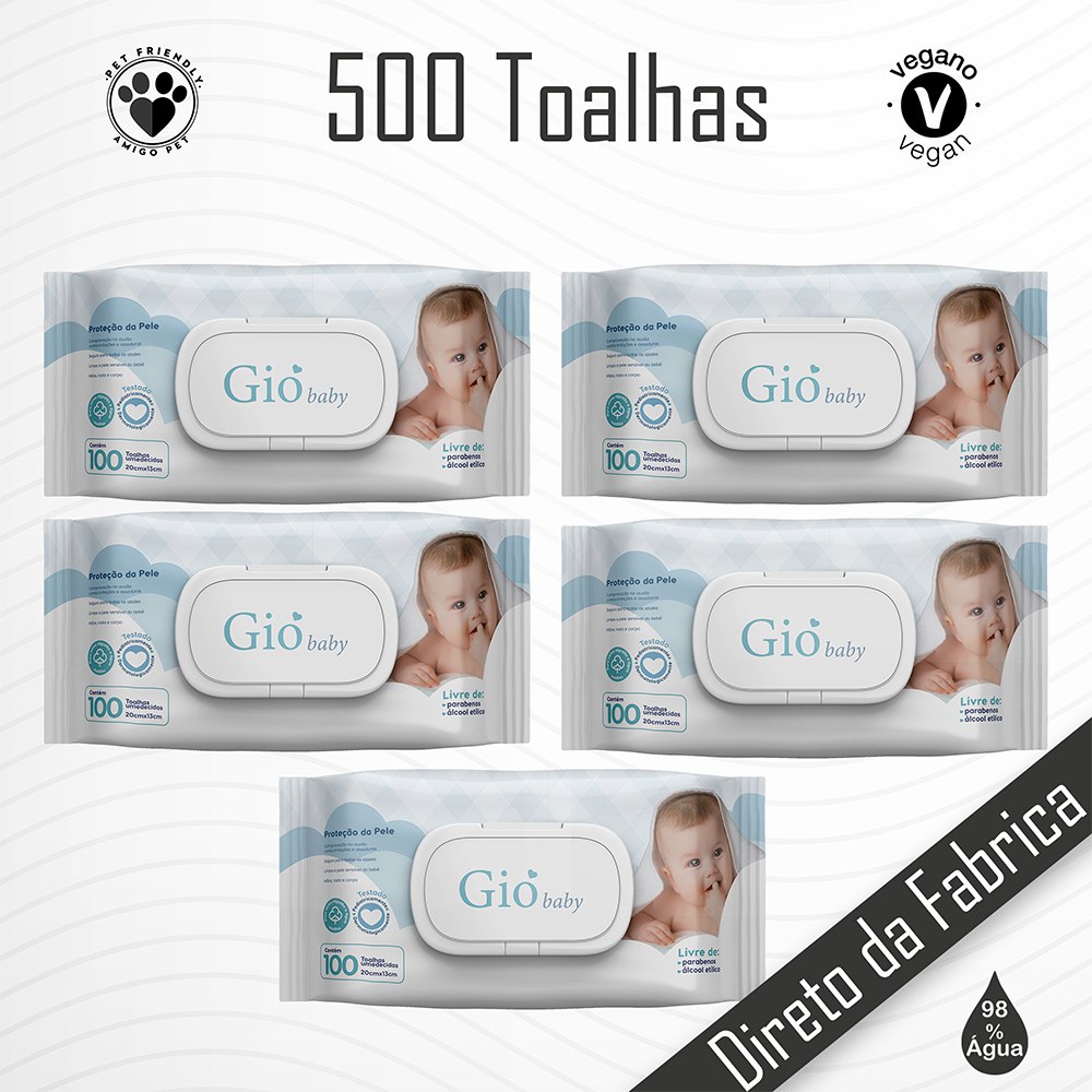 05 Pacotes Lenços  Toalhas Umedecidas Gió Baby 100 Folhas Com Tampa Flip Top